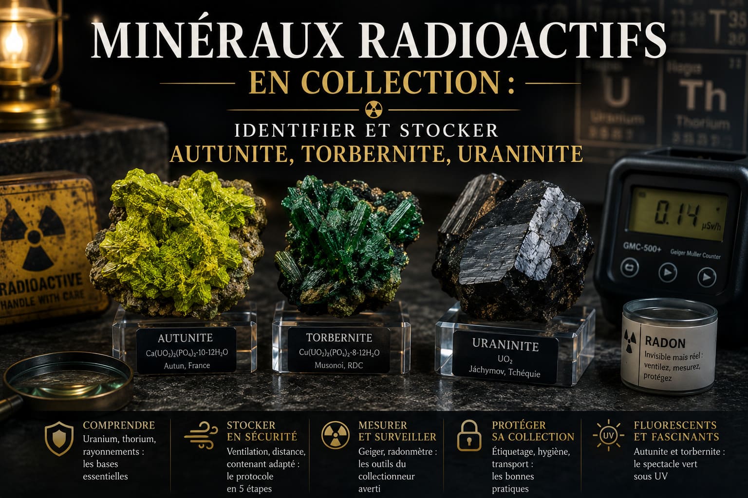 Minéraux radioactifs en collection : identifier et stocker autunite, torbernite, uraninite