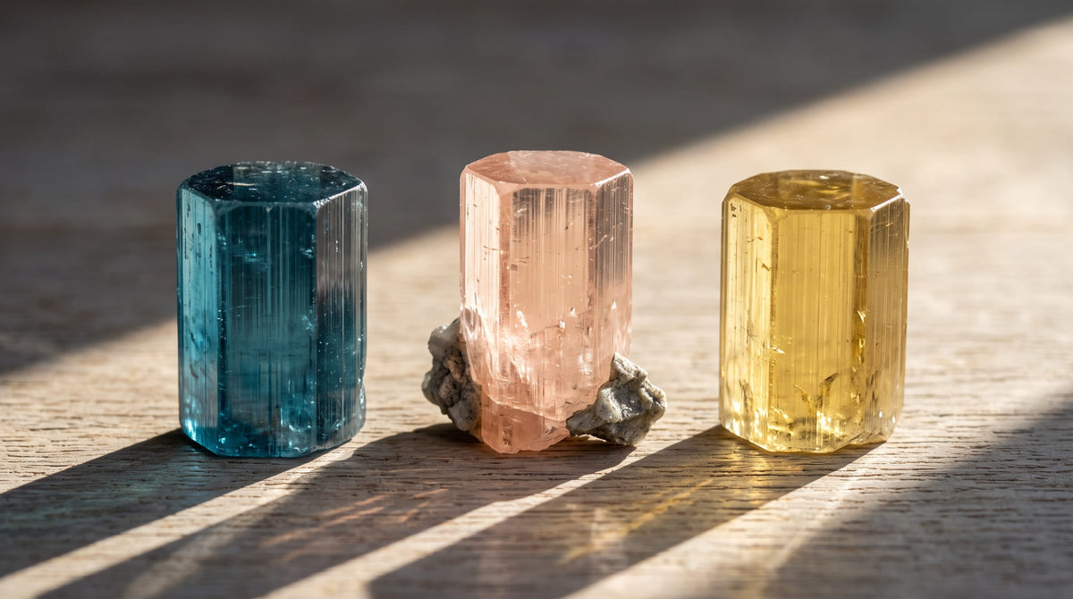 Prismes hexagonaux de béryl bleu, rose et jaune montrant les variétés d'une même espèce