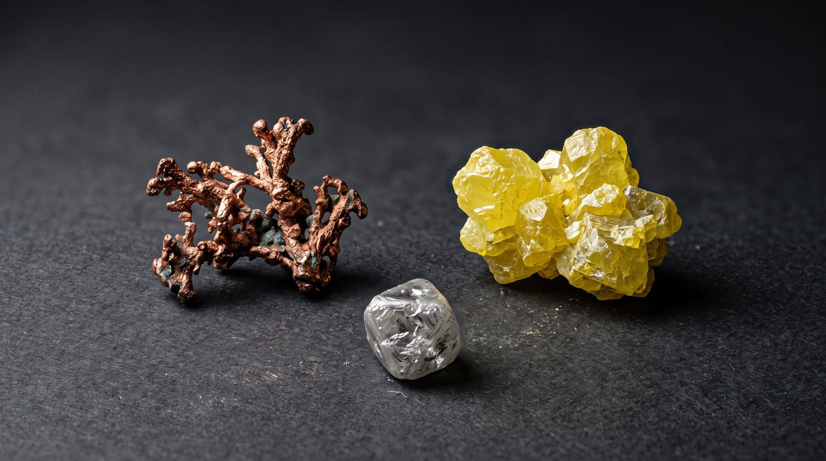 Trois spécimens d'éléments natifs : cuivre dendritique, soufre volcanique et diamant brut octaédrique