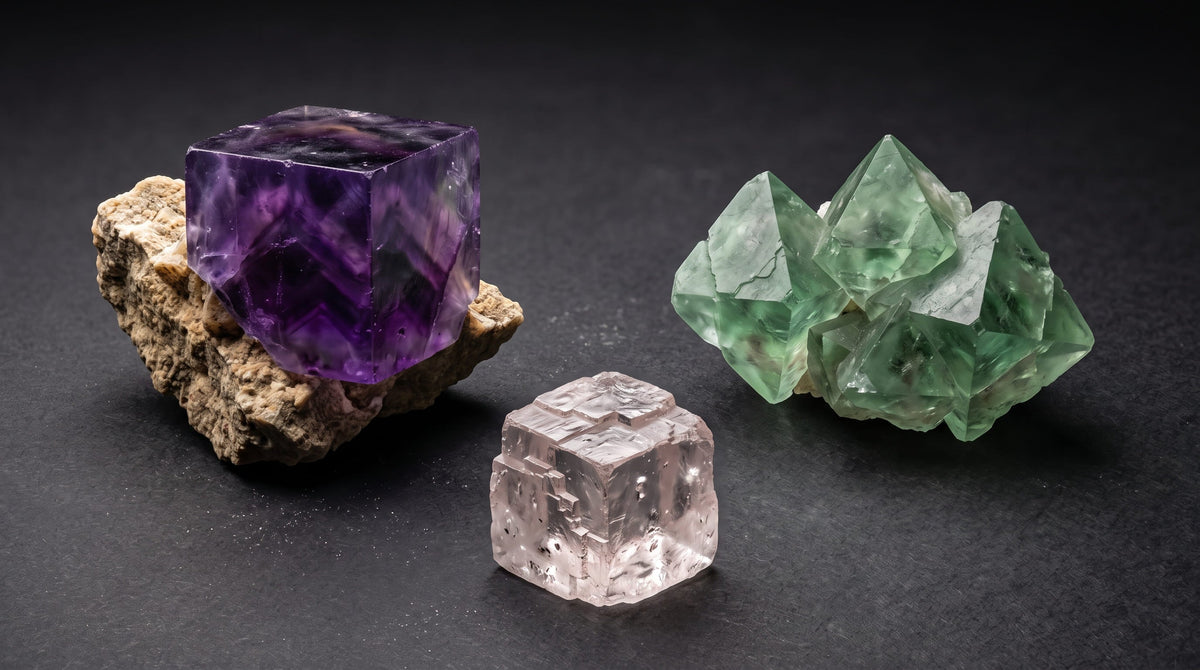 Trois halogénures — fluorite violette cubique, fluorite verte octaédrique et halite translucide