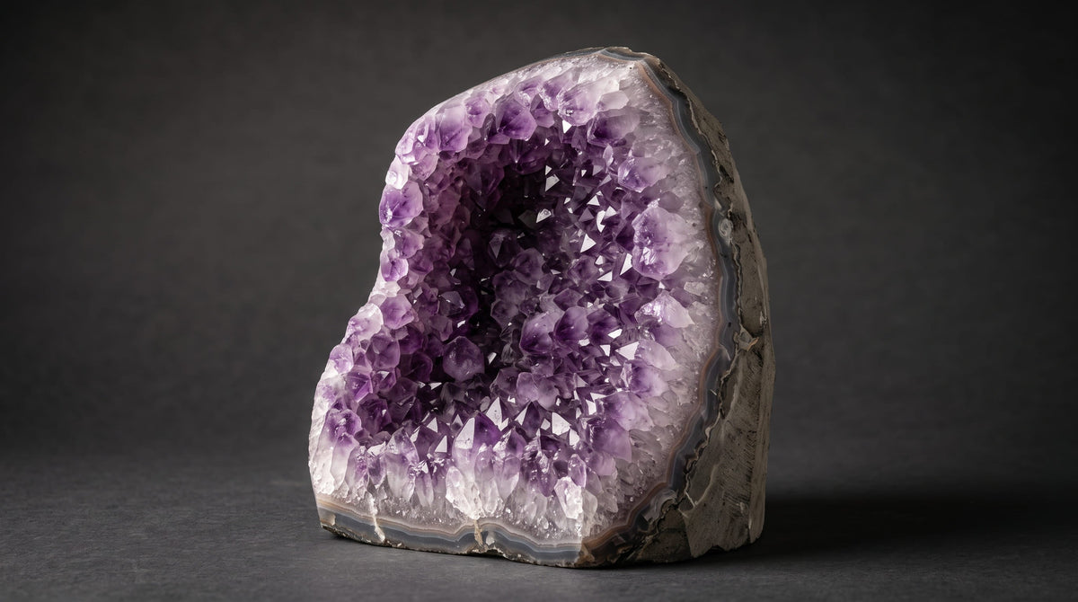 Géode d'améthyste ouverte montrant la zonation du violet et l'épaisseur de gangue