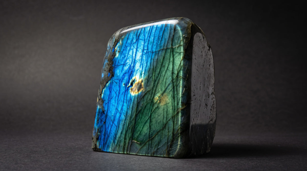 Bloc de labradorite polie dont la face s'allume en bleu et vert sous une lumière rasante