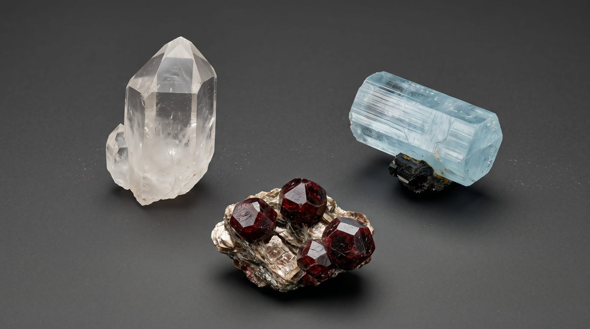 Trois silicates représentatifs — quartz hexagonal, aigue-marine sur schorl et grenats pyropes