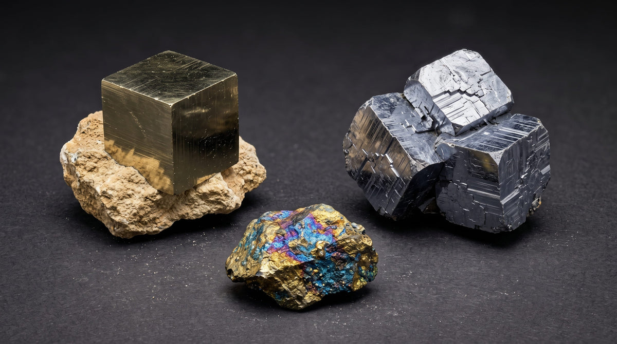 Trois spécimens de sulfures — pyrite cubique d'Espagne, galène cubique et chalcopyrite irisée