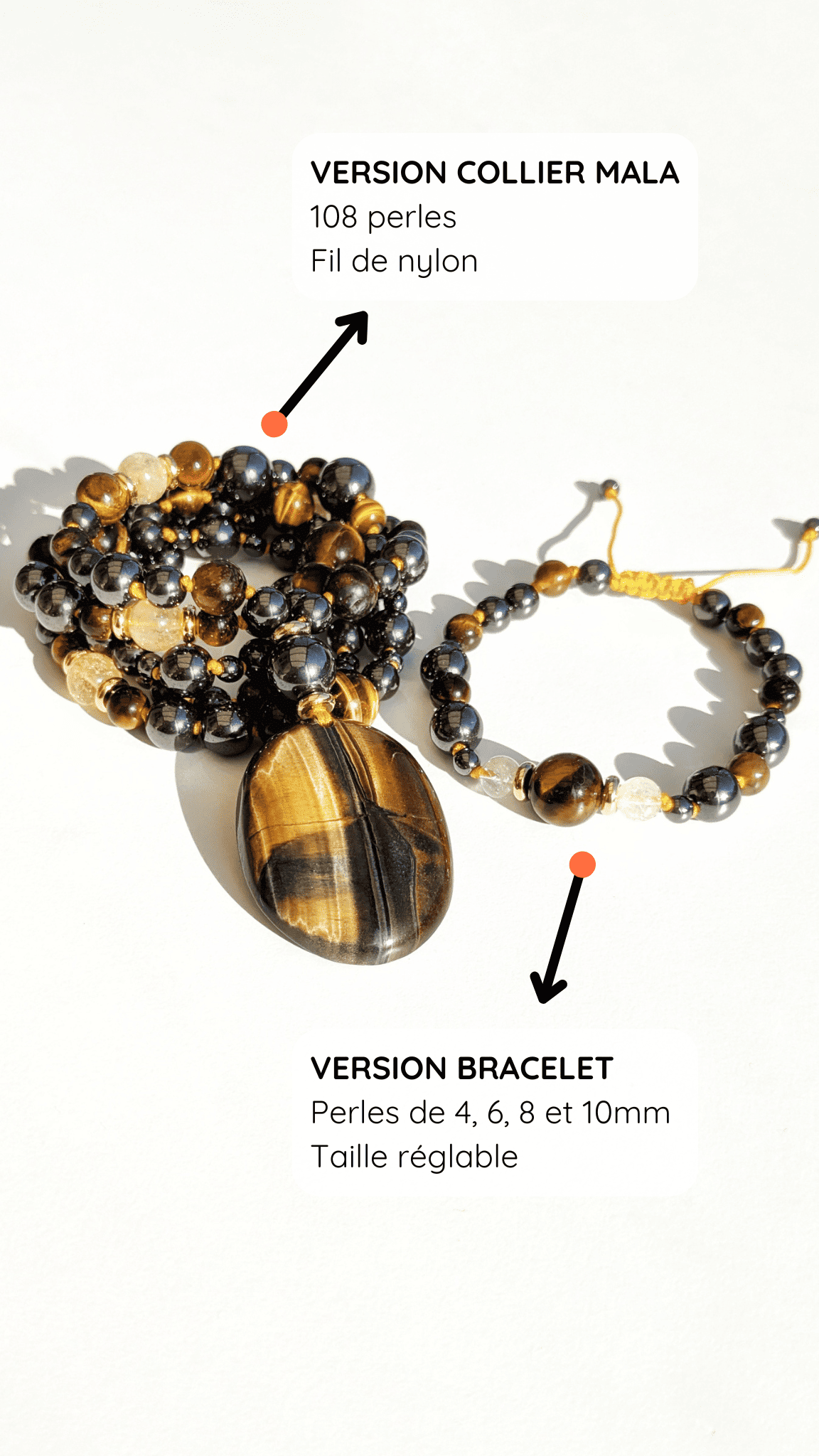Collier mala "JE PRENDS MA PLACE" - Hématite Oeil de tigre et Citrine