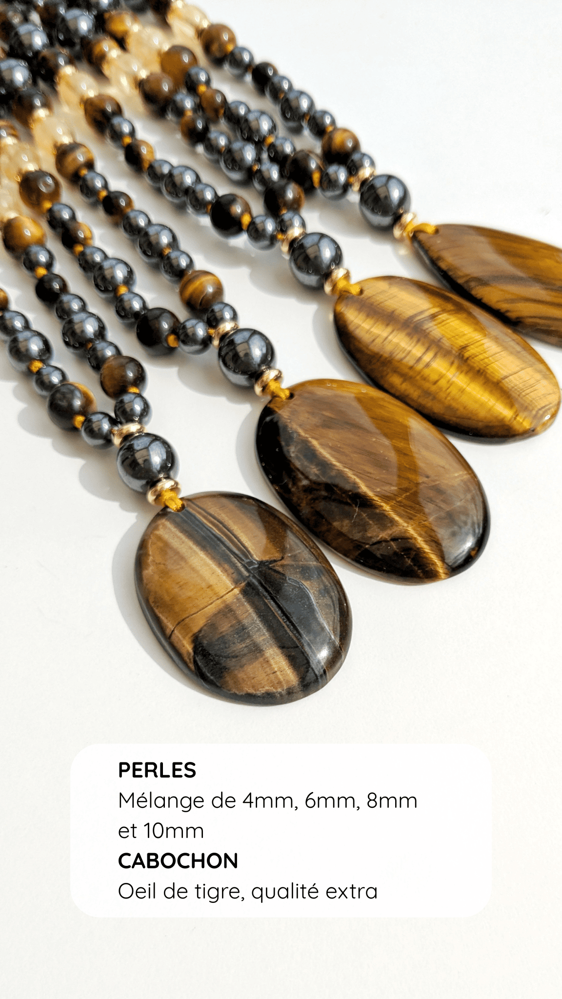 Collier mala "JE PRENDS MA PLACE" - Hématite Oeil de tigre et Citrine