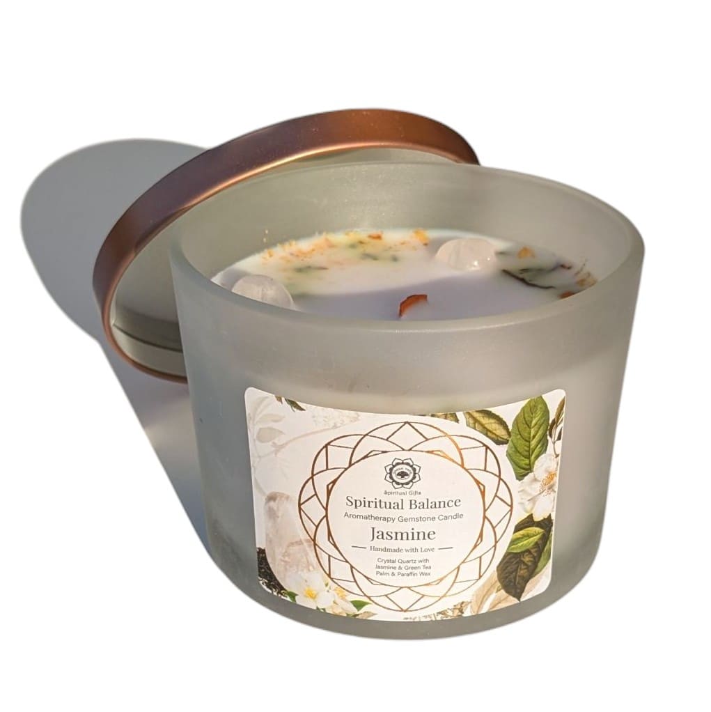 La bougie Quartz Cristal et Jasmin illumine les sens et apaise le flux émotionnel.