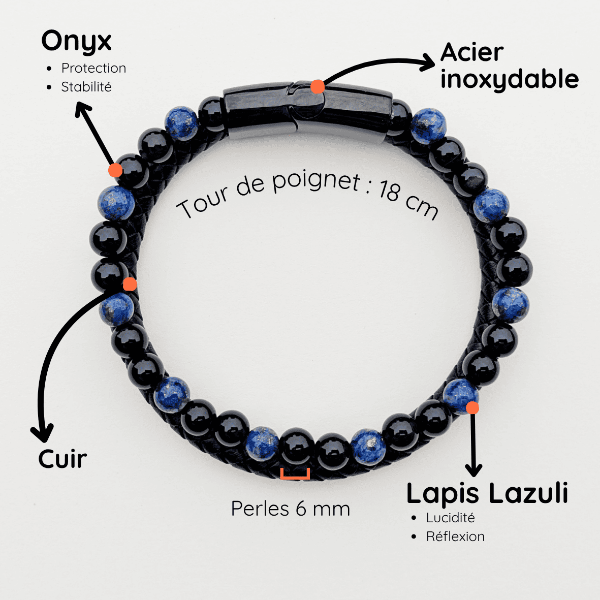 Bracelet Homme Pierre naturelle cuir taille 18cm Onyx et Lapis Lazuli