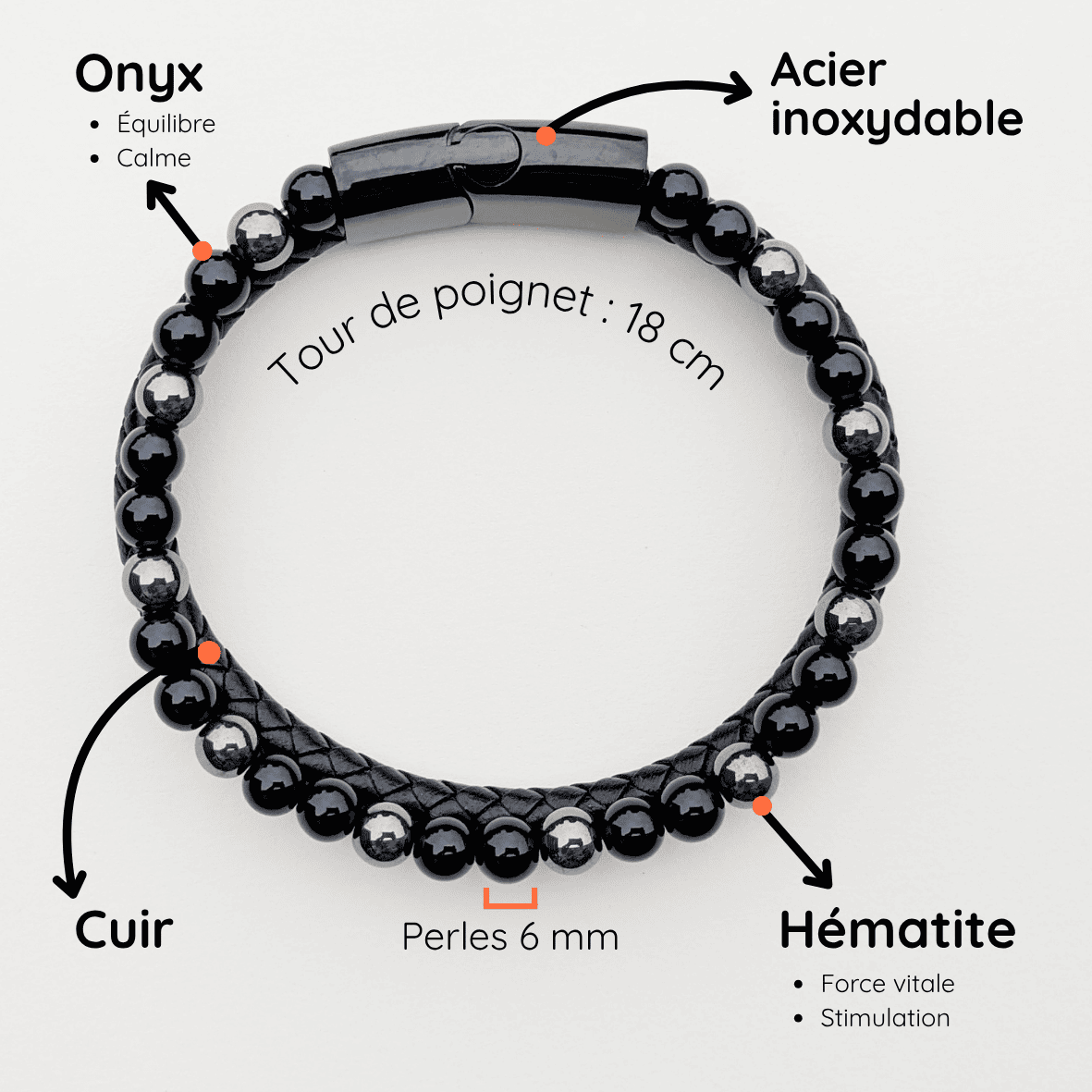 Bracelet Homme Pierre naturelle cuir taille 18cm Onyx et Hématite