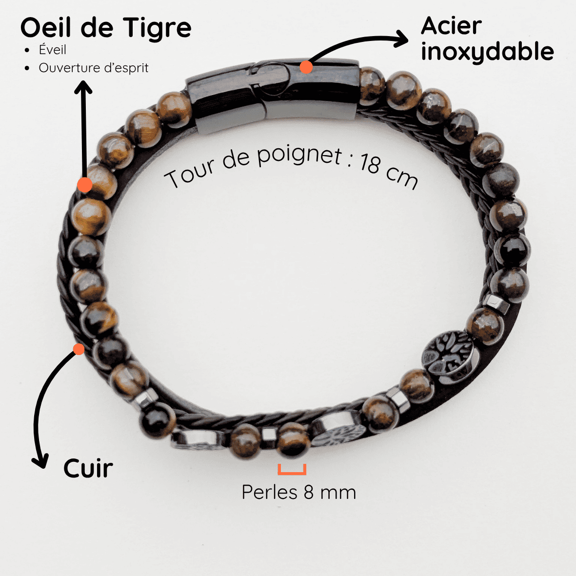 Bracelet Homme Pierre naturelle cuir taille 18cm Oeil de Tigre