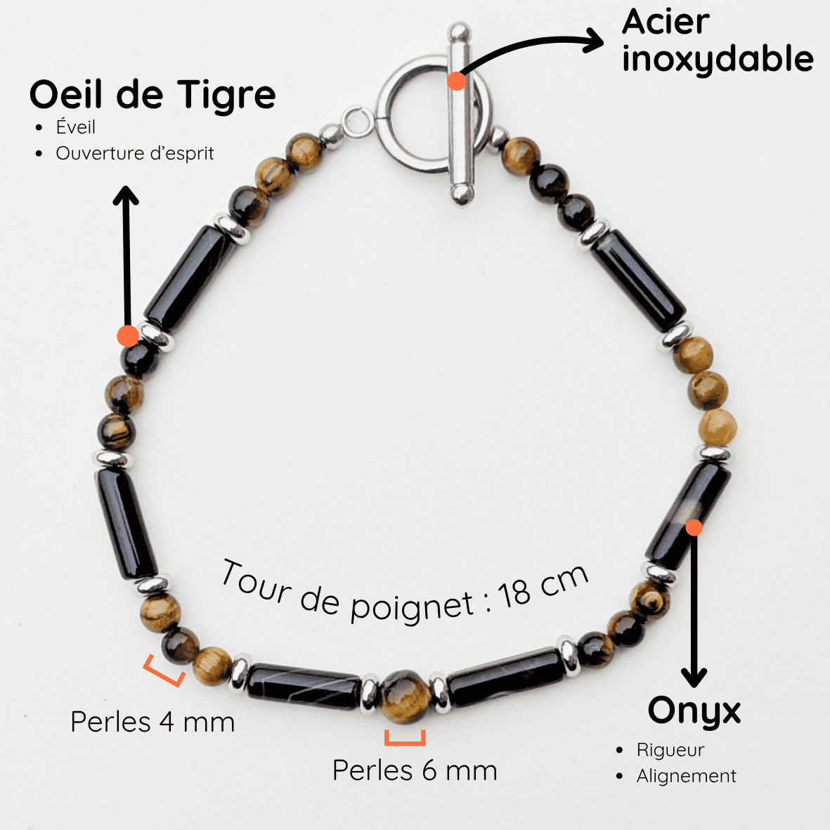 Bracelet Homme Pierre naturelle taille 18cm Onyx et Oeil de tigre