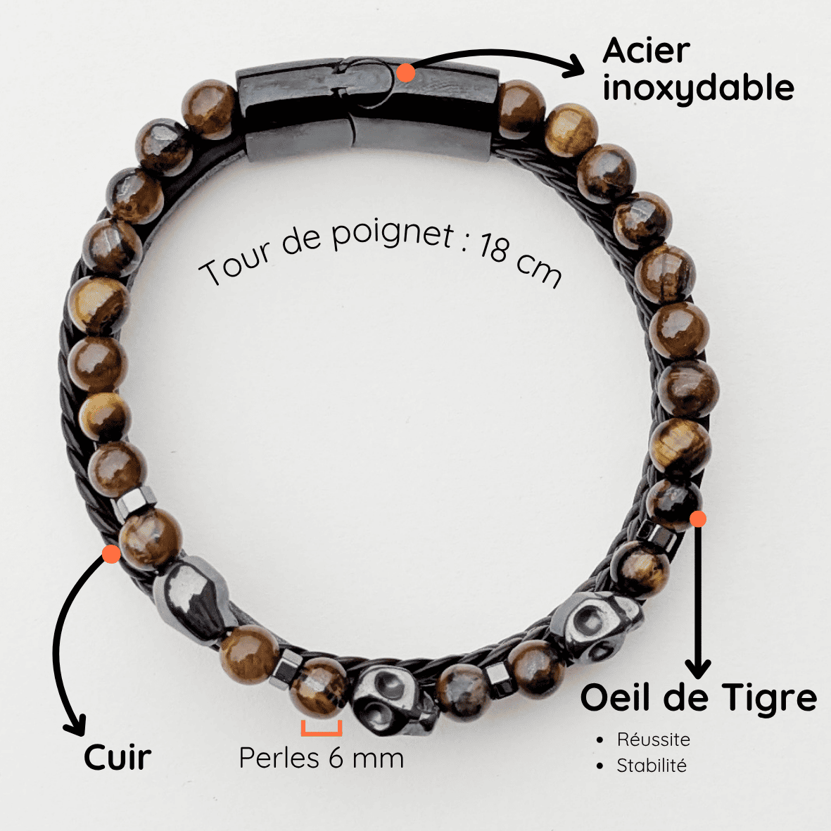 Bracelet Homme Pierre naturelle cuir taille 18cm Onyx et Oeil de Tigre