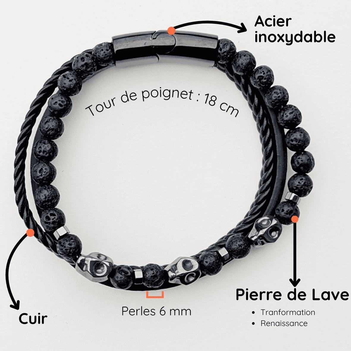Bracelet Homme Pierre naturelle cuir taille 18cm Pierre De Lave