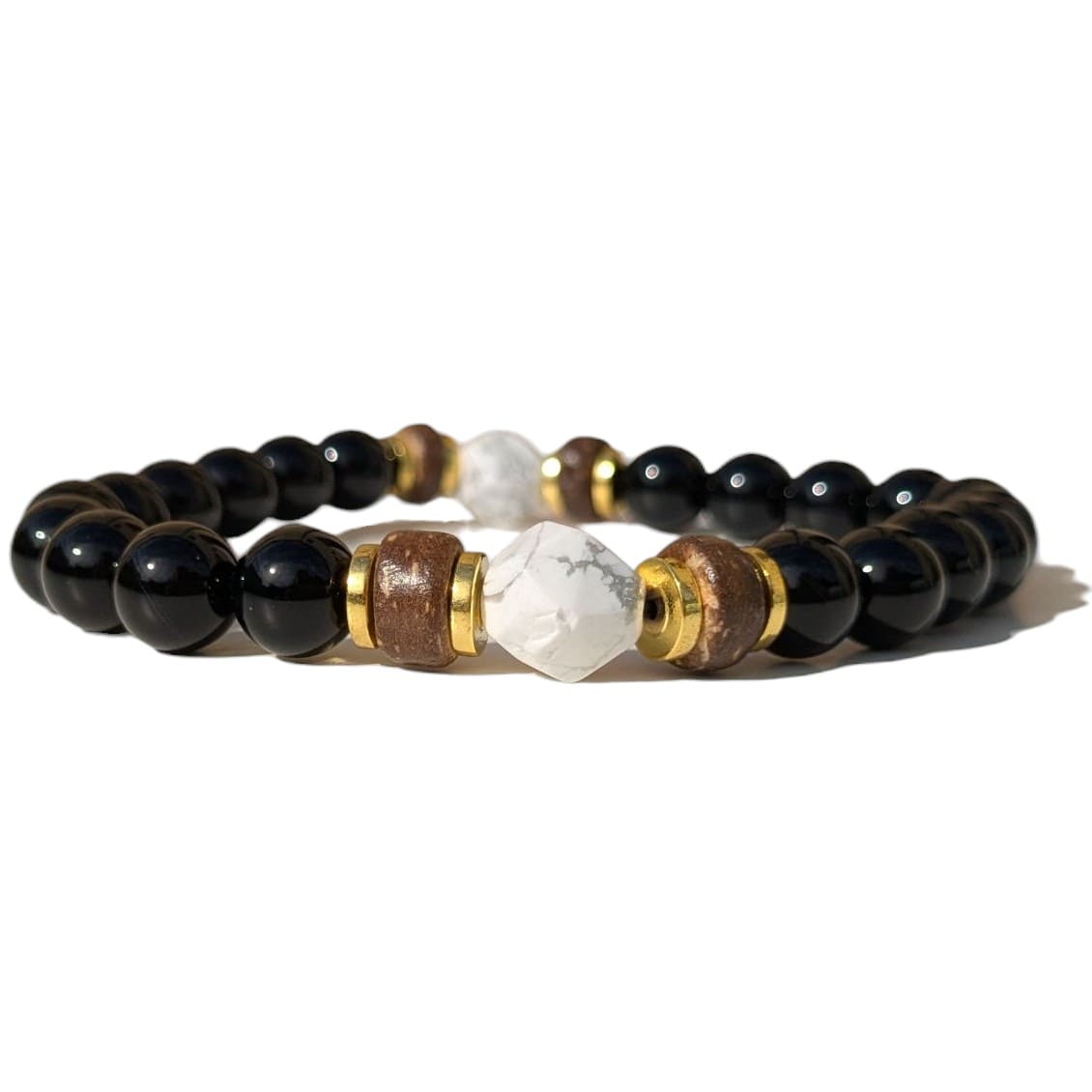 Bracelet Homme extensible Bois Onyx et Howlite