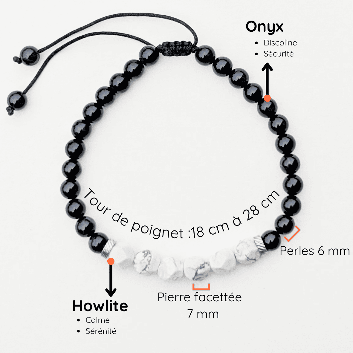 Bracelet Homme Pierre naturelle Réglable taille 18 à 28cm Onyx et Howlite