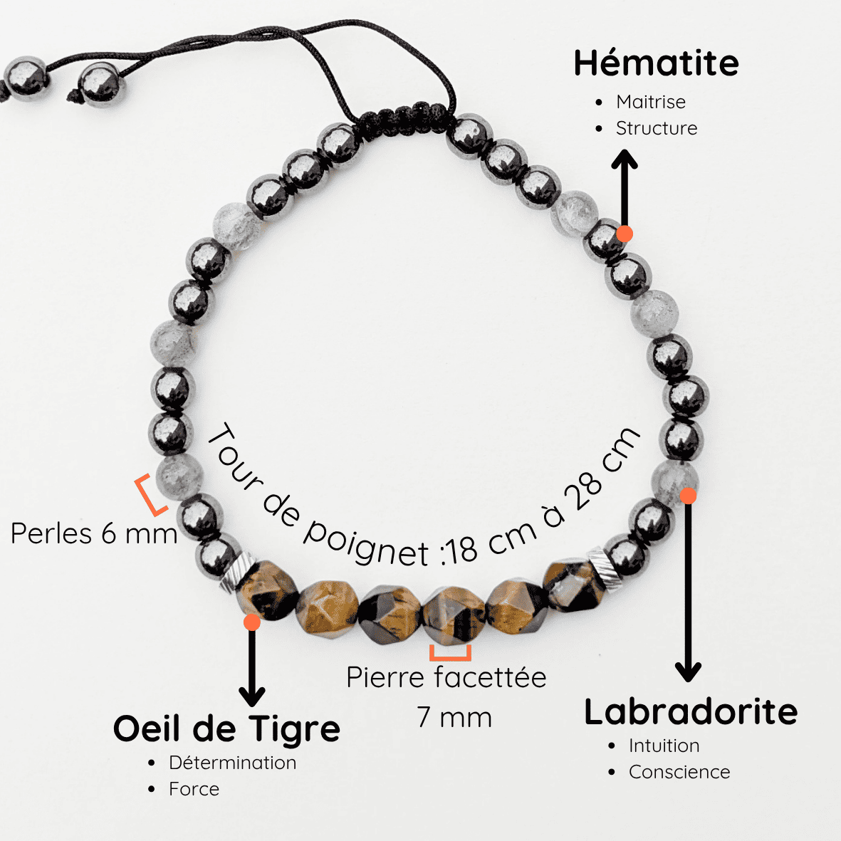Bracelet Homme Pierre naturelle réglable taille 18 à 28cm Labradorite Oeil de Tigre et Hématite