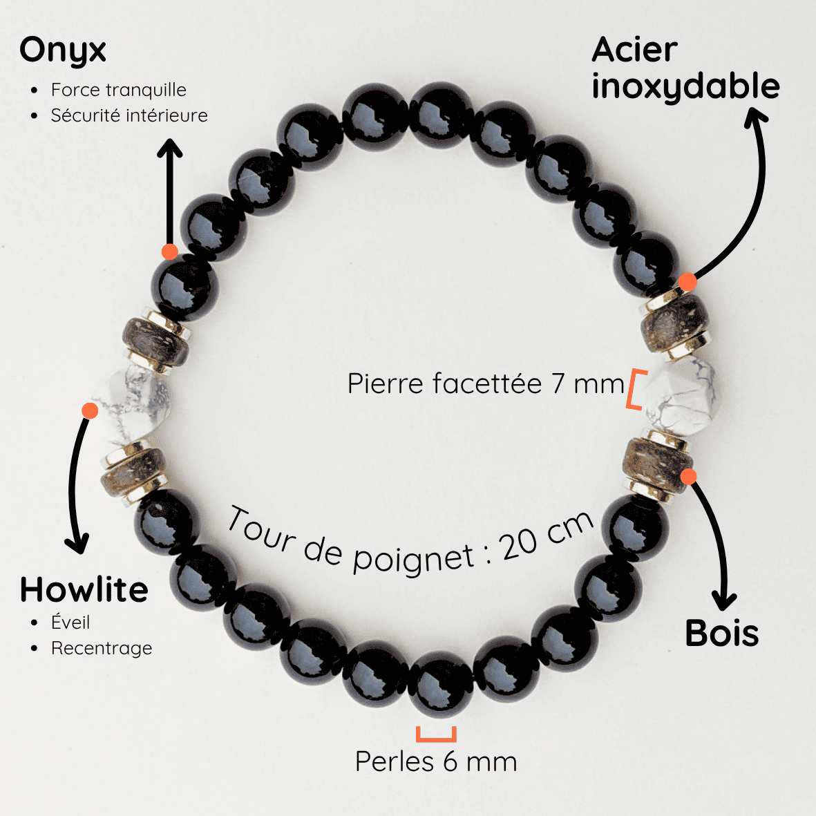 Bracelet Homme Pierre naturelle Bois extensible taille 20cm Onyx et Howlite