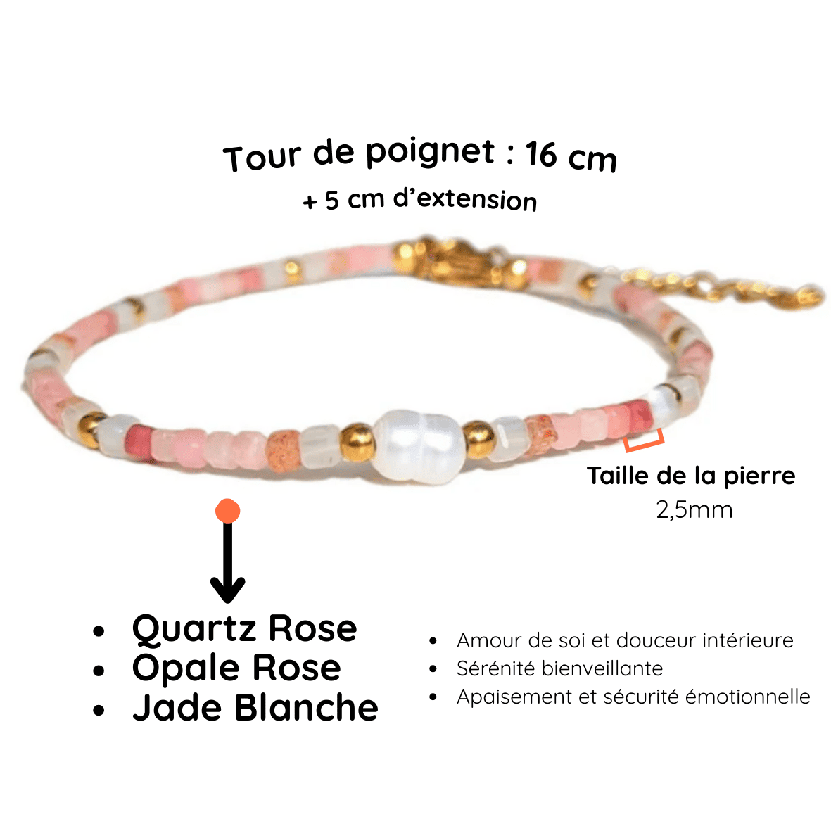 Fiche descriptive bracelet perle pierre Quartz rose Jade blanche Opale Rose