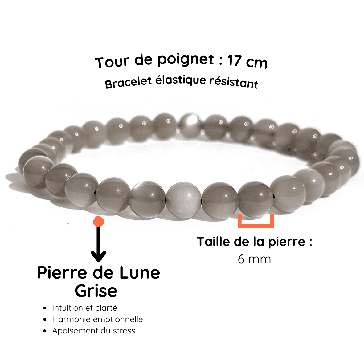 Fiche descriptive du bracelet pierre de lune grise