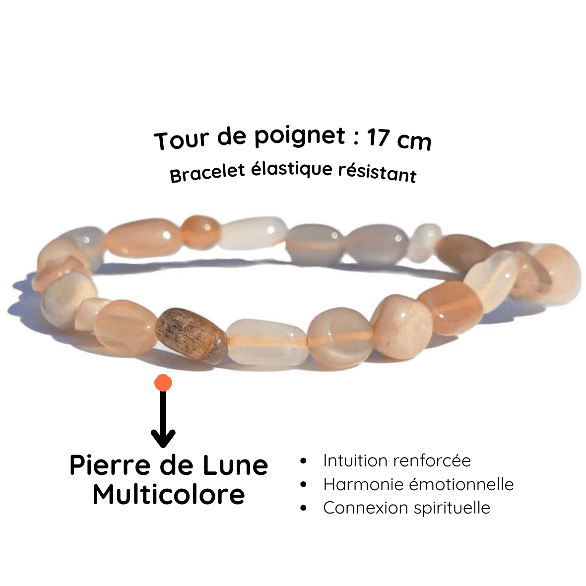 Fiche descriptive du Bracelet pierre roulée
pierre de lune multicolore