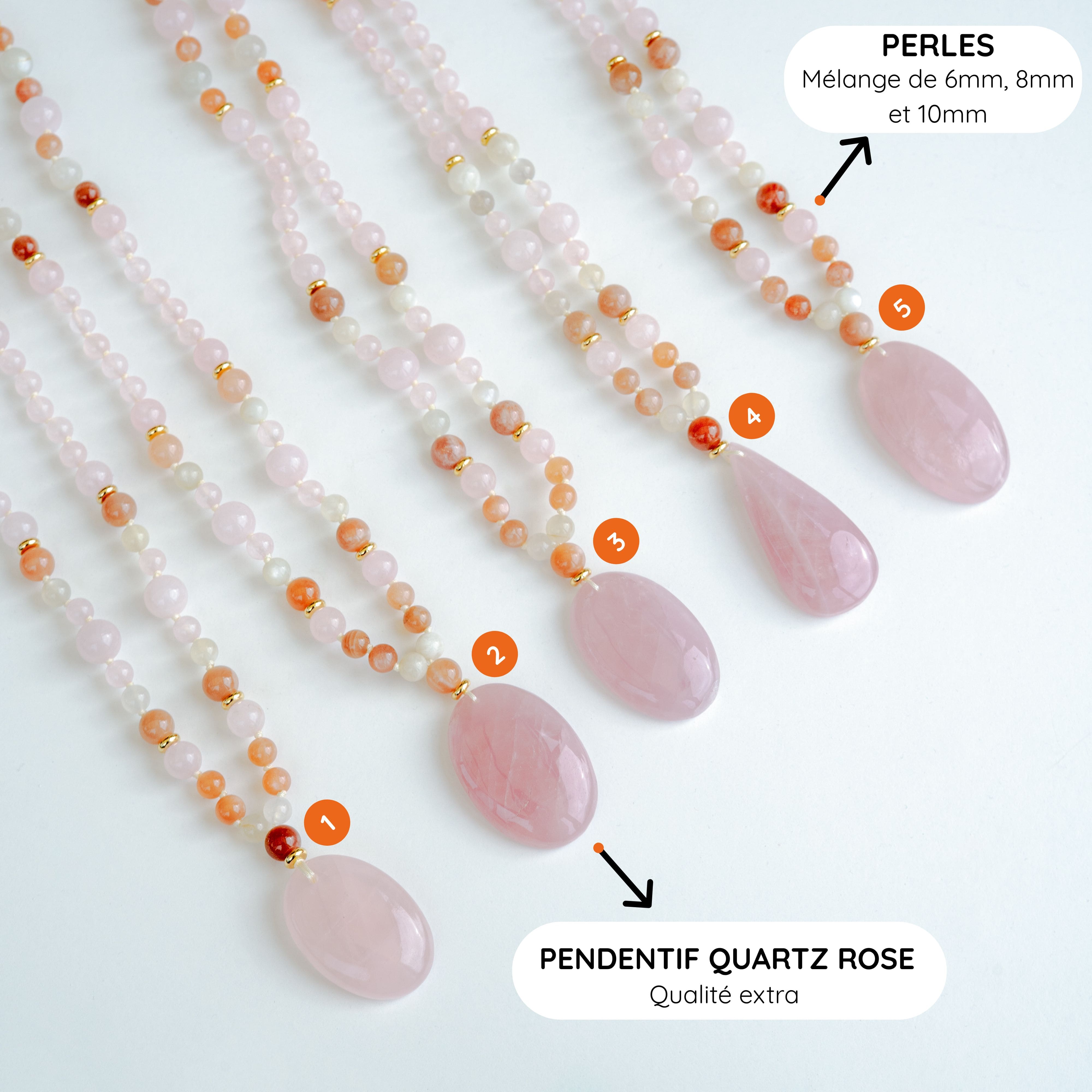 Collier mala "JE CÉLÈBRE" - Quartz rose et Pierre de lune
