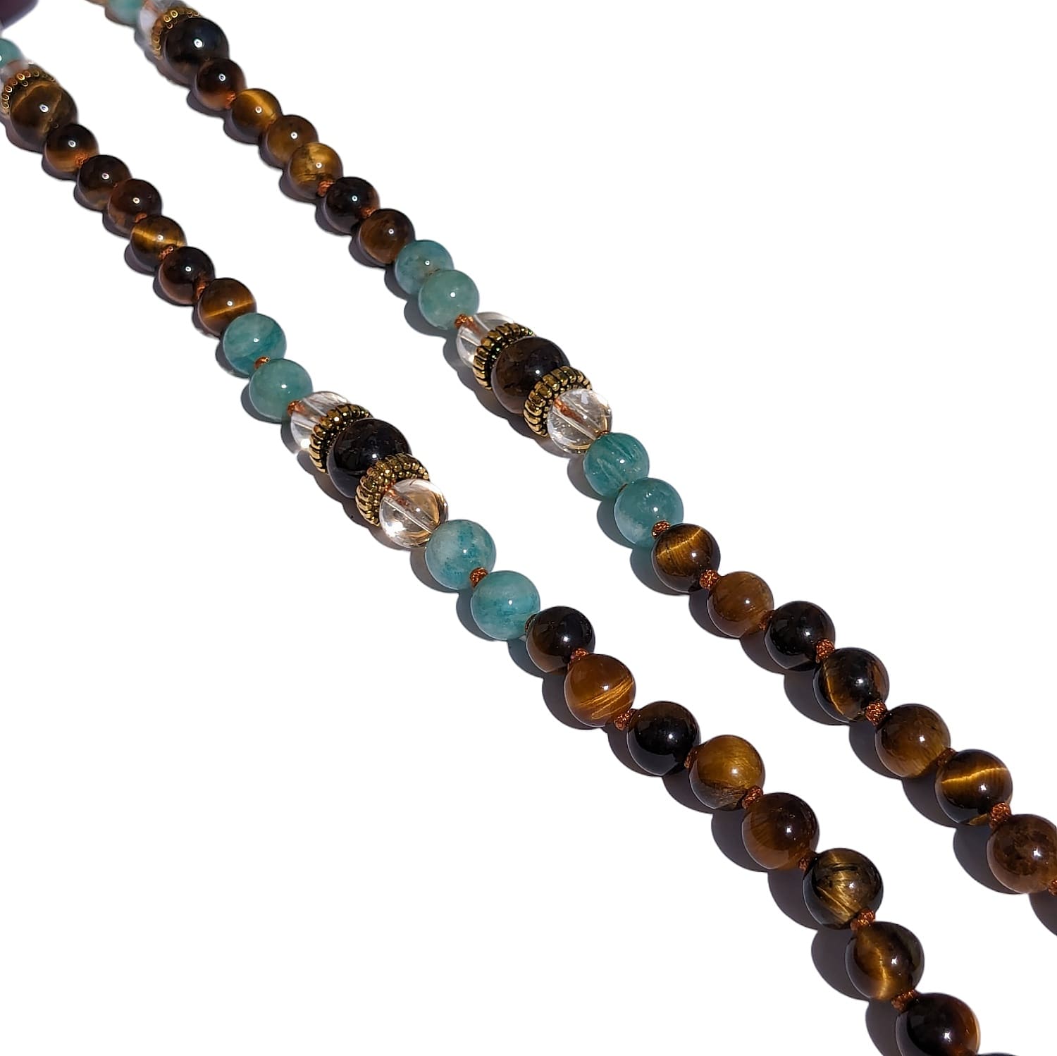 collier mala en oeil de tigre et amazonite perles naturelle - bijou fait main