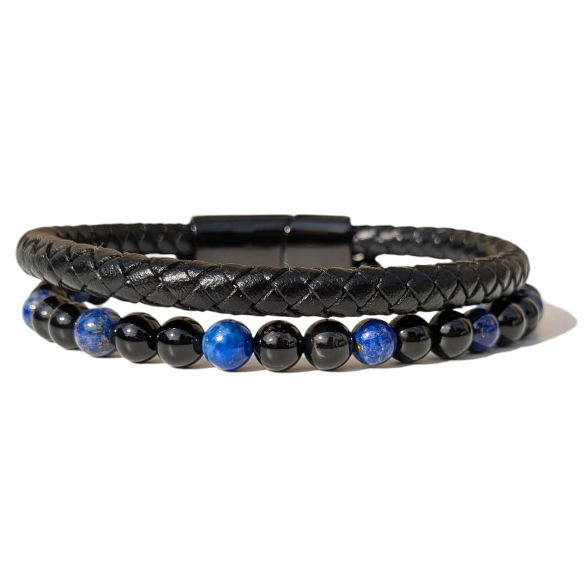Bracelet Homme Cuir noir Onyx et Lapis Lazuli