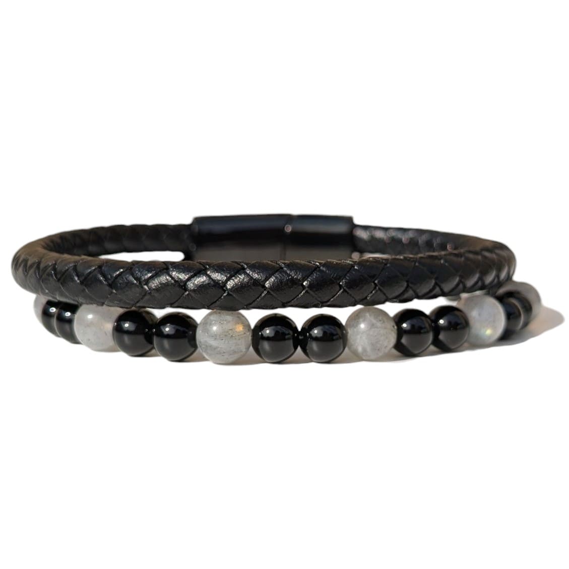 Bracelet Homme Cuir noir Onyx et Labradorite