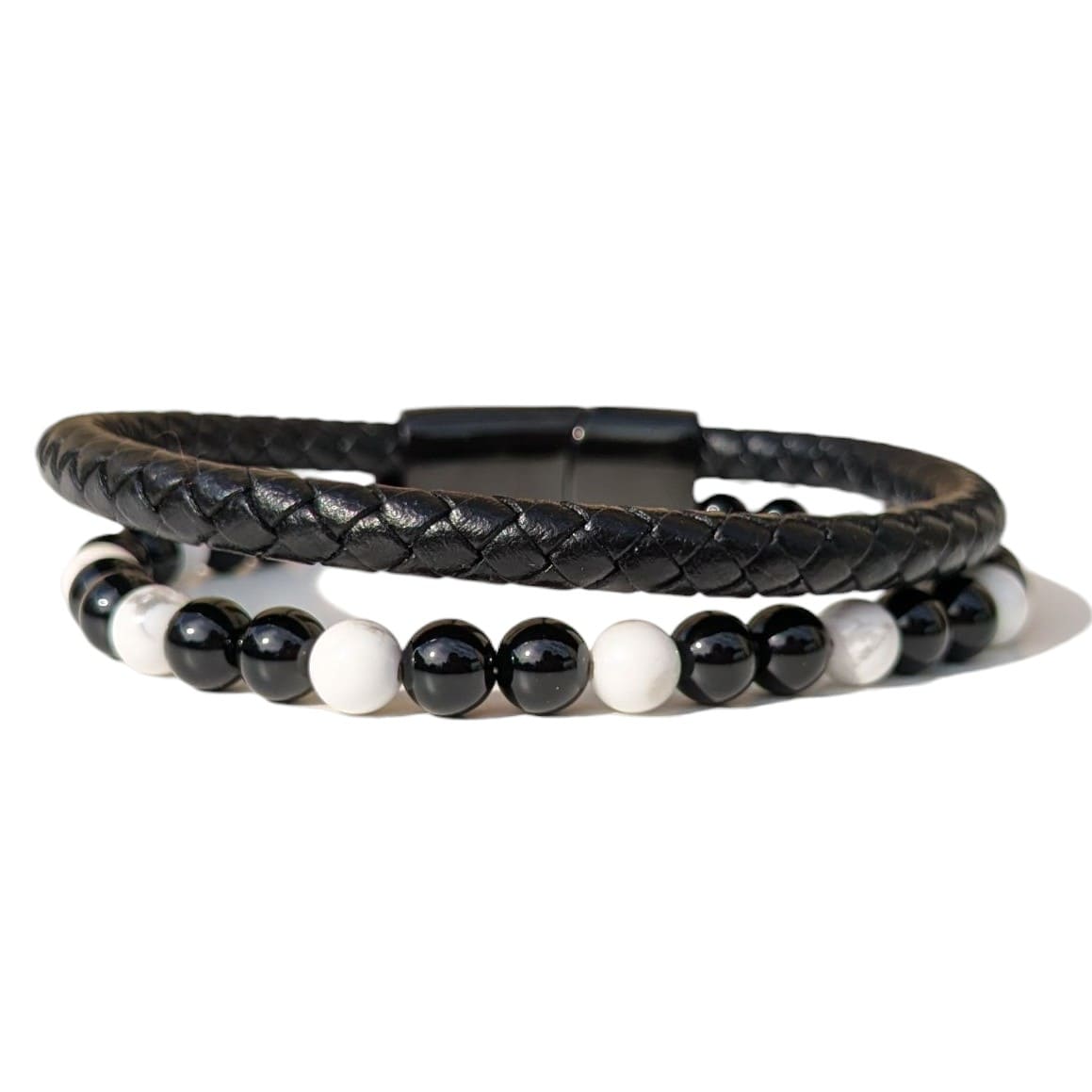 Bracelet Homme Cuir noir Onyx et Howlite