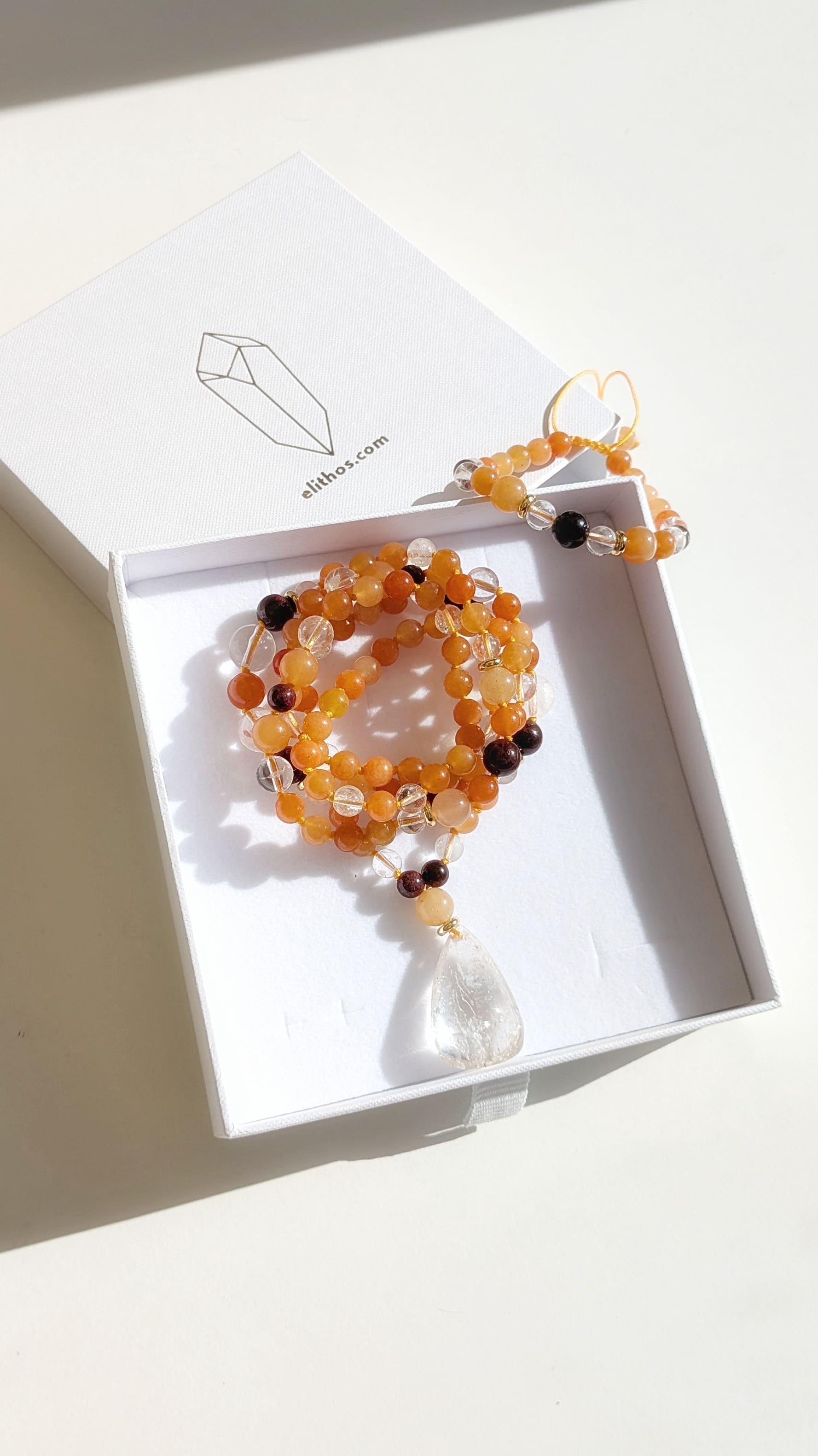 Collier mala "J’OSE" — Aventurine orange, Grenat & Cristal de roche