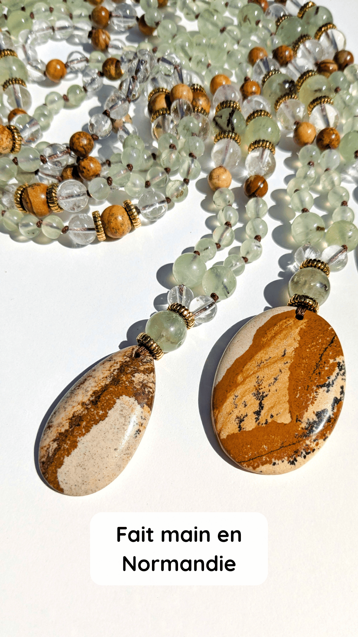 Collier mala "J'accueille" - Jaspe paysage, Prehnite, Cristal de roche