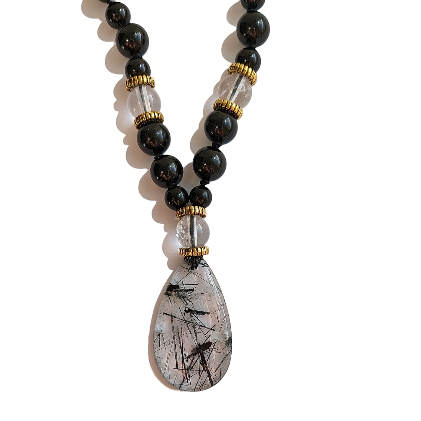 collier mala cristal de roche et inclusion de tourmaline noire