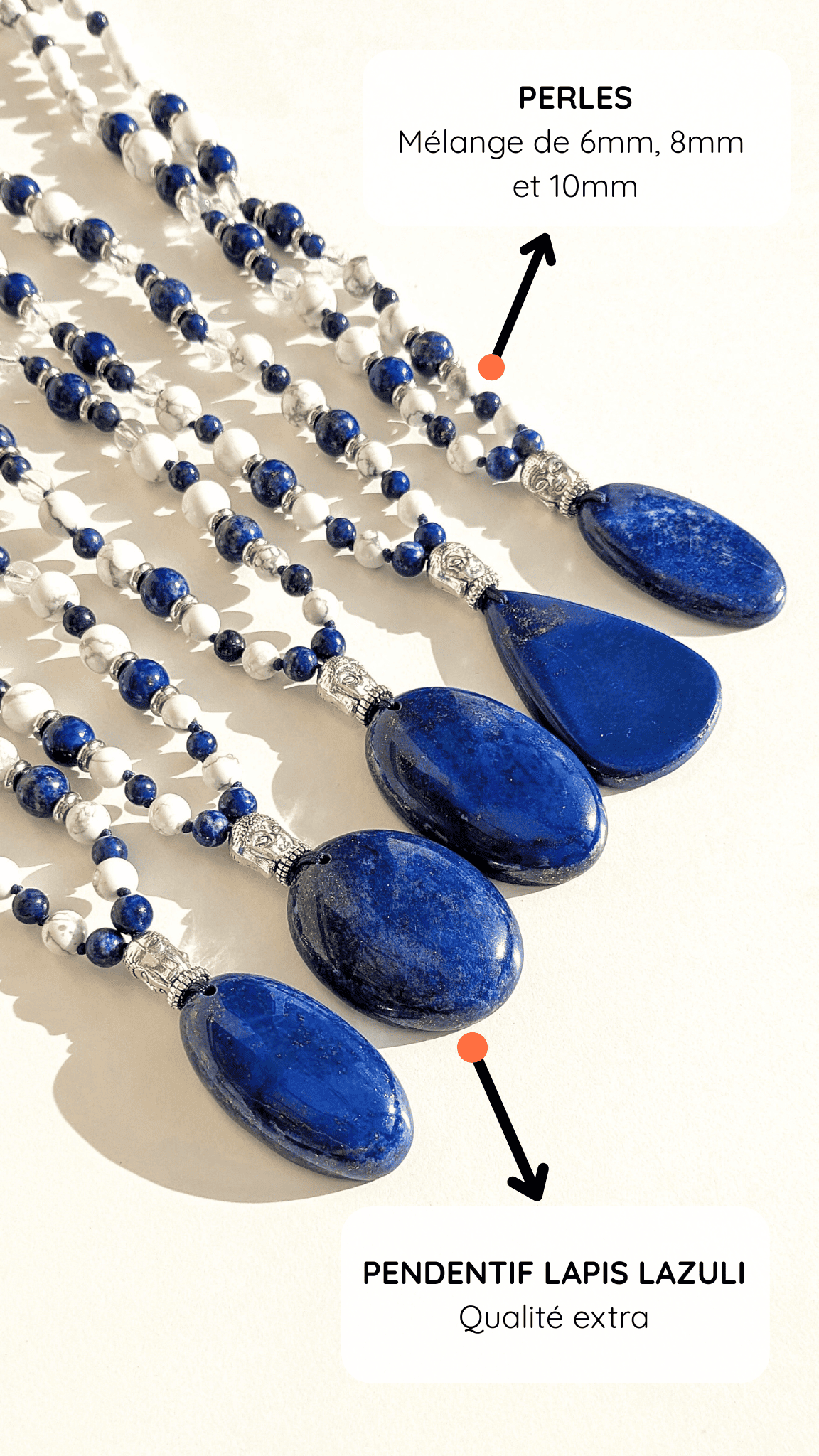 Collier mala "Je vois" - Lapis-lazuli, Howlite, Cristal de roche