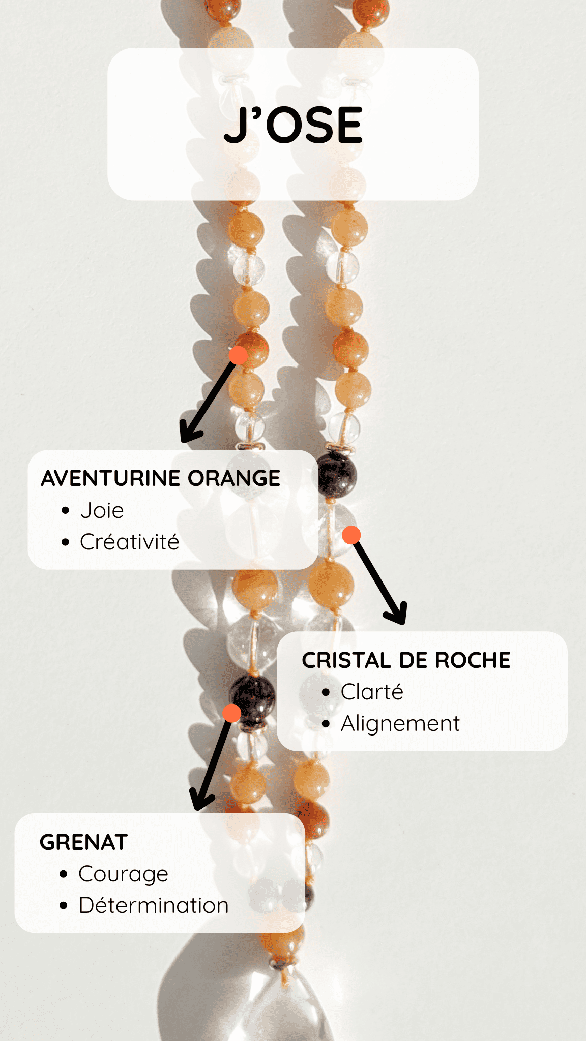 Collier mala "J’OSE" — Aventurine orange, Grenat & Cristal de roche