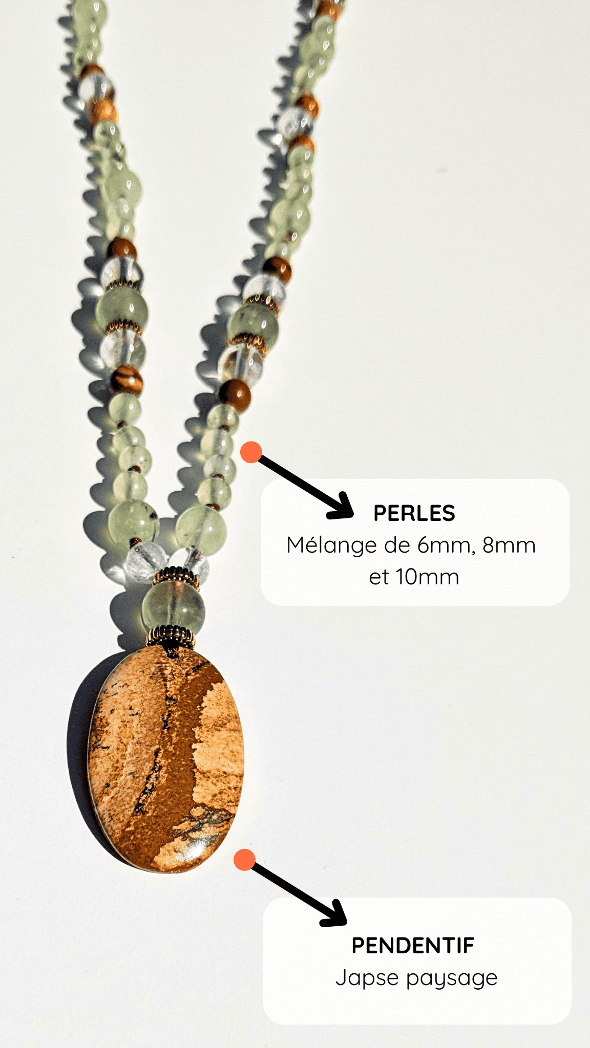 Collier mala "J'accueille" - Jaspe paysage, Prehnite, Cristal de roche