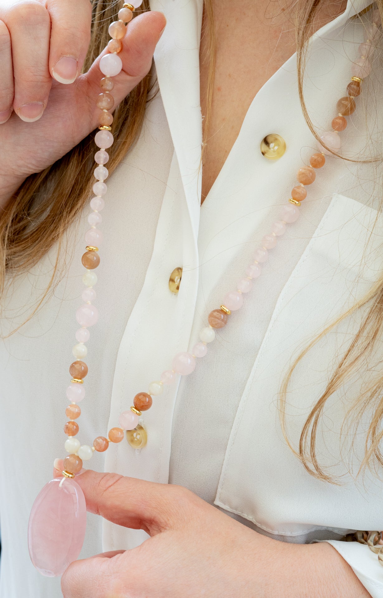 Collier mala "JE CÉLÈBRE" - Quartz rose et Pierre de lune