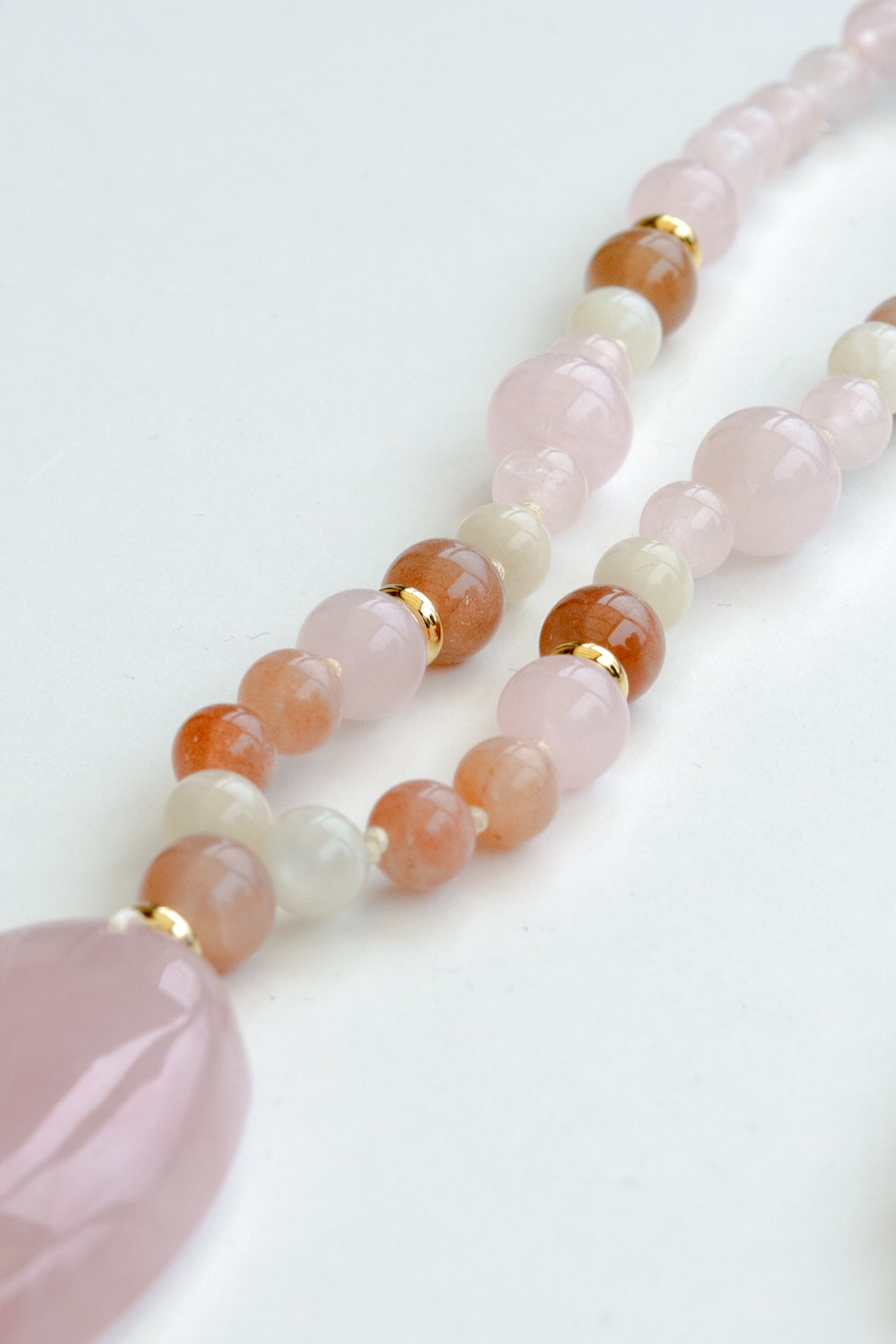 Collier mala "JE CÉLÈBRE" - Quartz rose et Pierre de lune