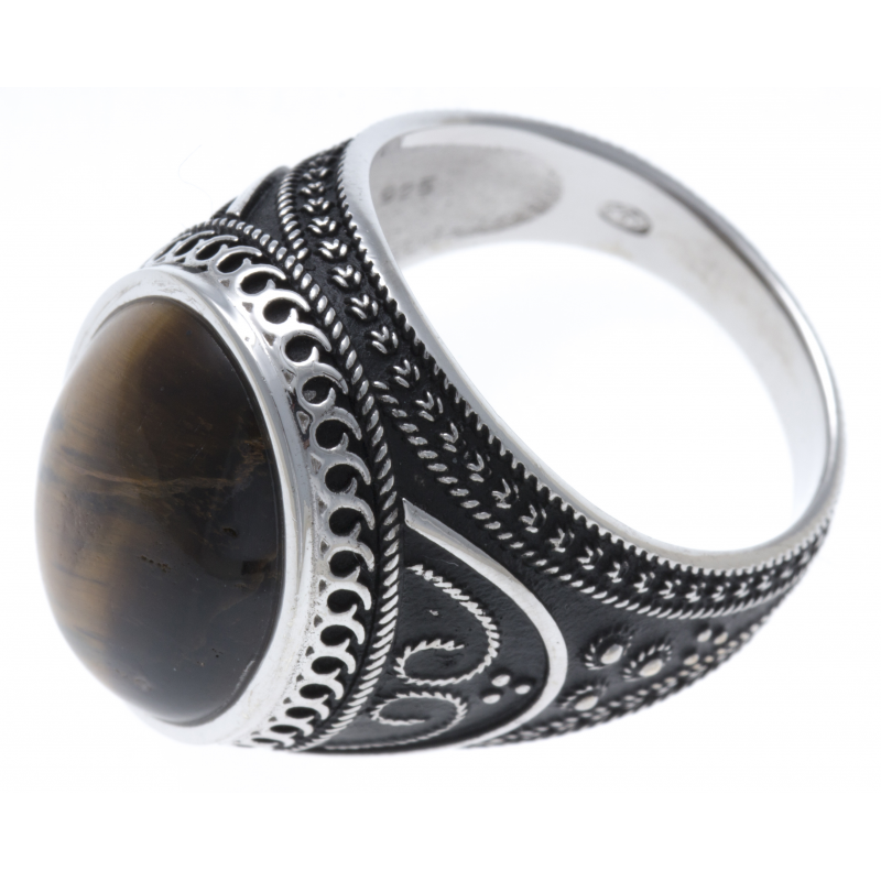 Bague Homme Argent rhodié & pierre oeil de tigre