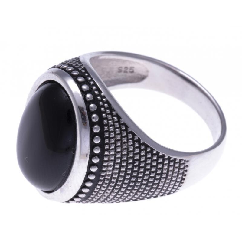 Bague Homme Argent rhodié & obsidienne