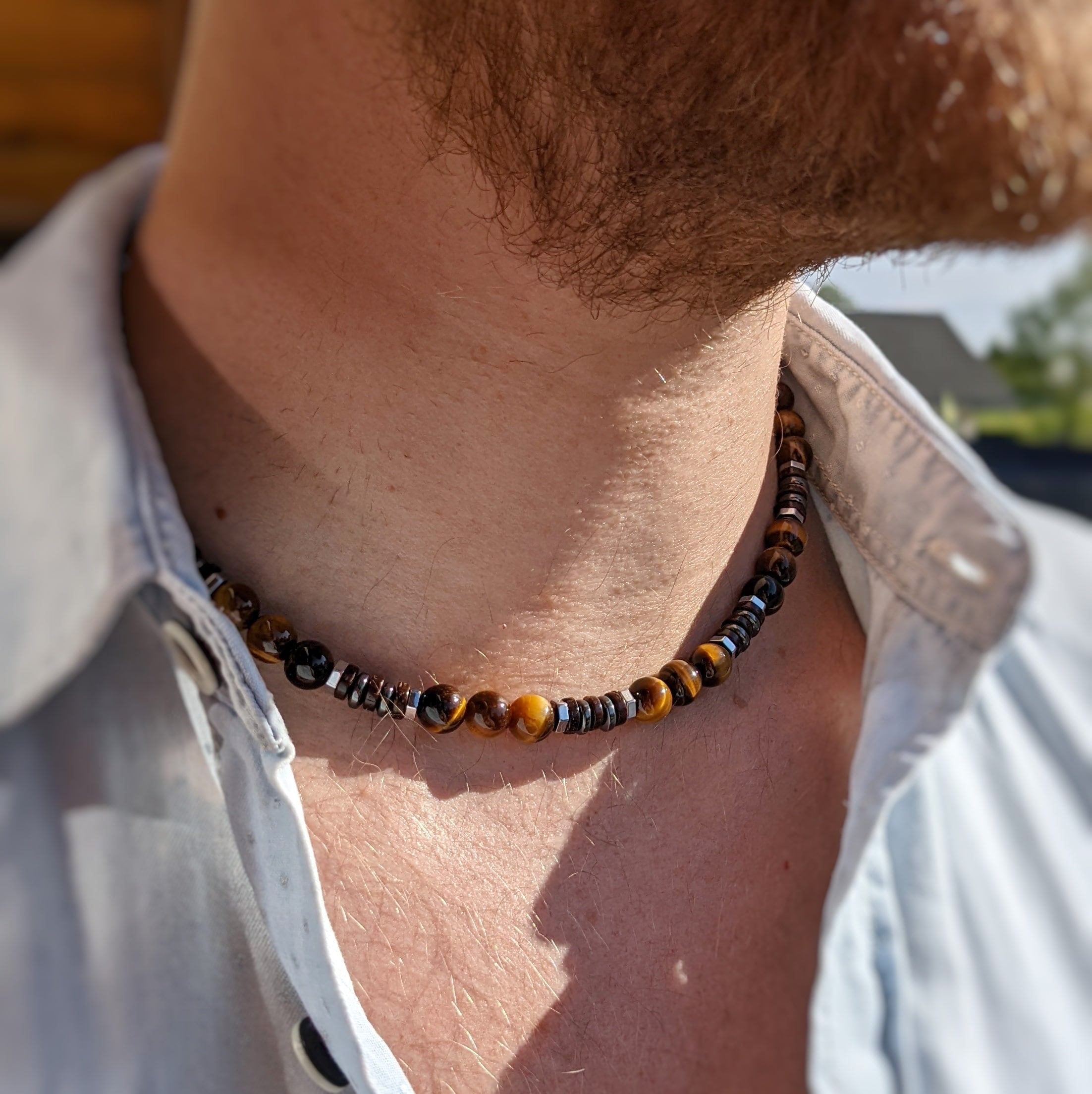 collier homme pierre marron