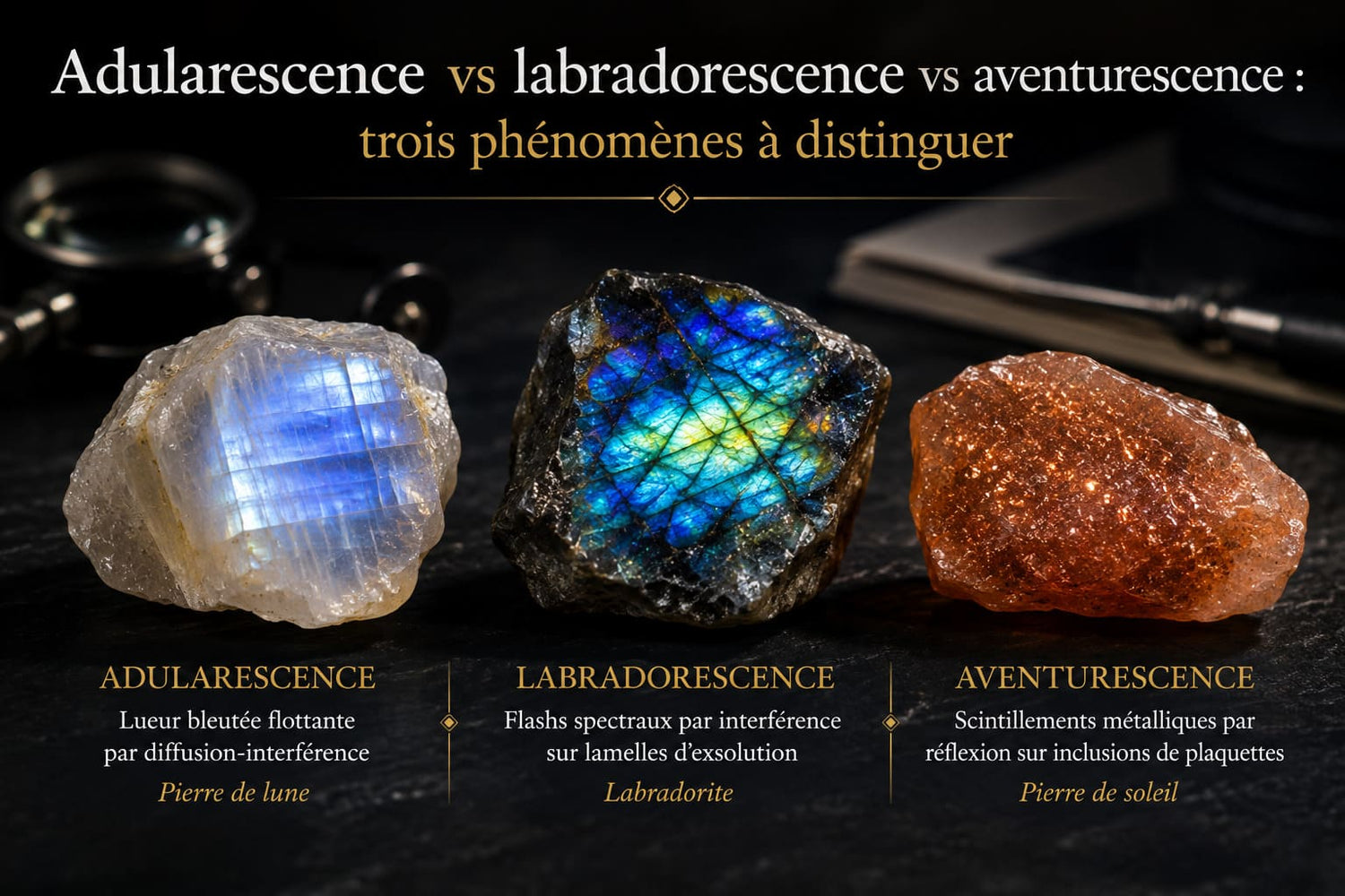 Adularescence vs labradorescence vs aventurescence : trois phénomènes à distinguer