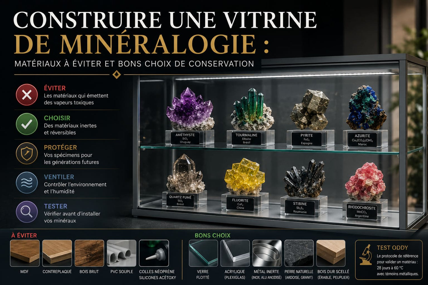Construire une vitrine de minéralogie : matériaux à éviter et bons choix de conservation