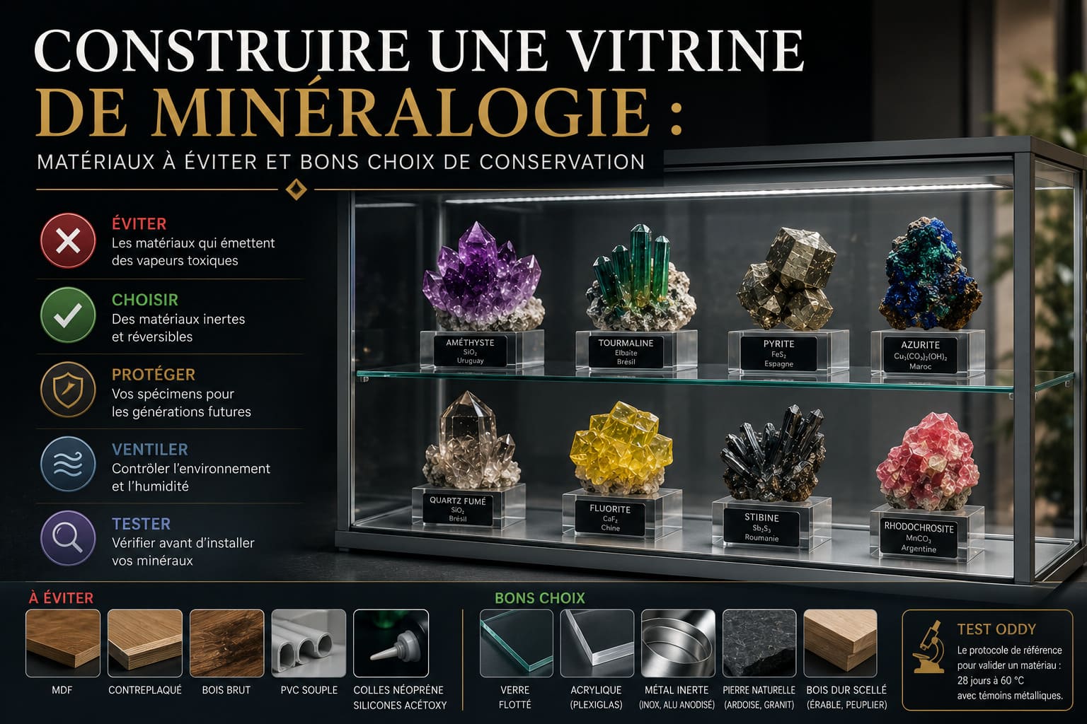 Construire une vitrine de minéralogie : matériaux à éviter et bons choix de conservation