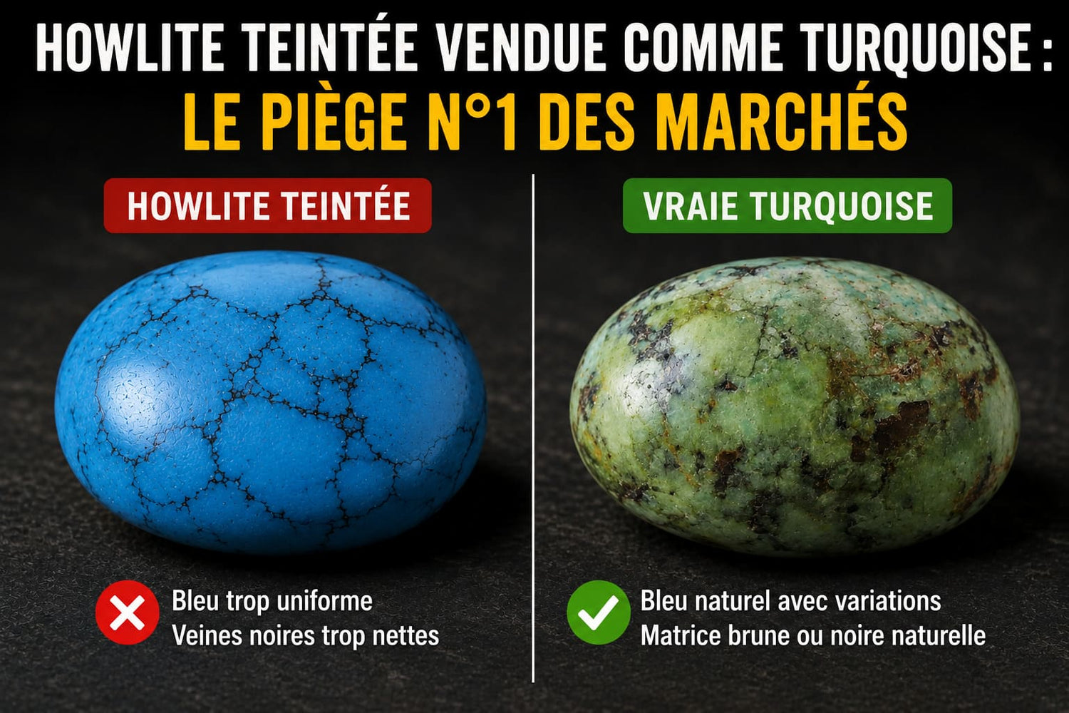Howlite teintée vendue comme turquoise : le piège n°1 des marchés