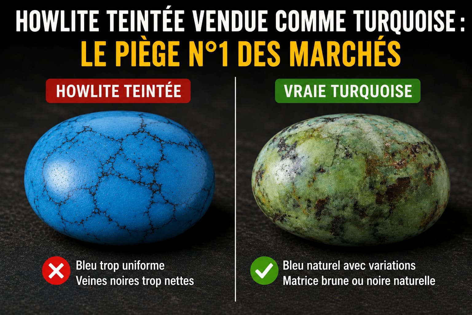Howlite teintée vendue comme turquoise : le piège n°1 des marchés
