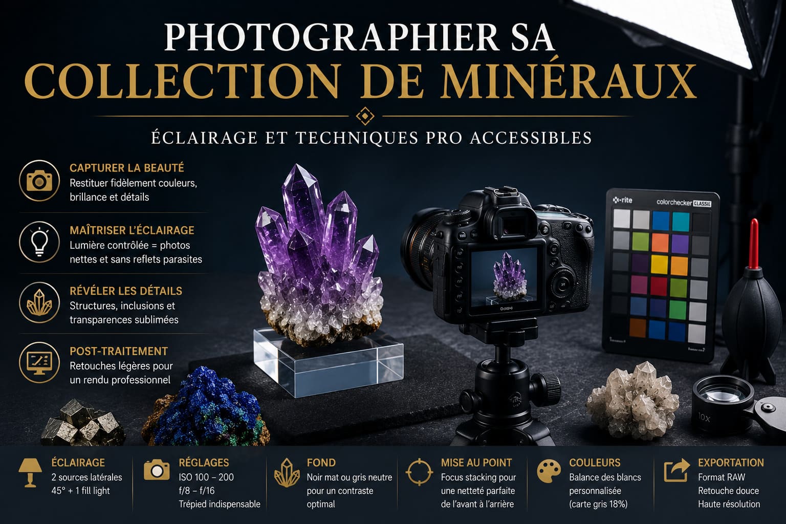 Photographier sa collection de minéraux : éclairage et techniques pro accessibles