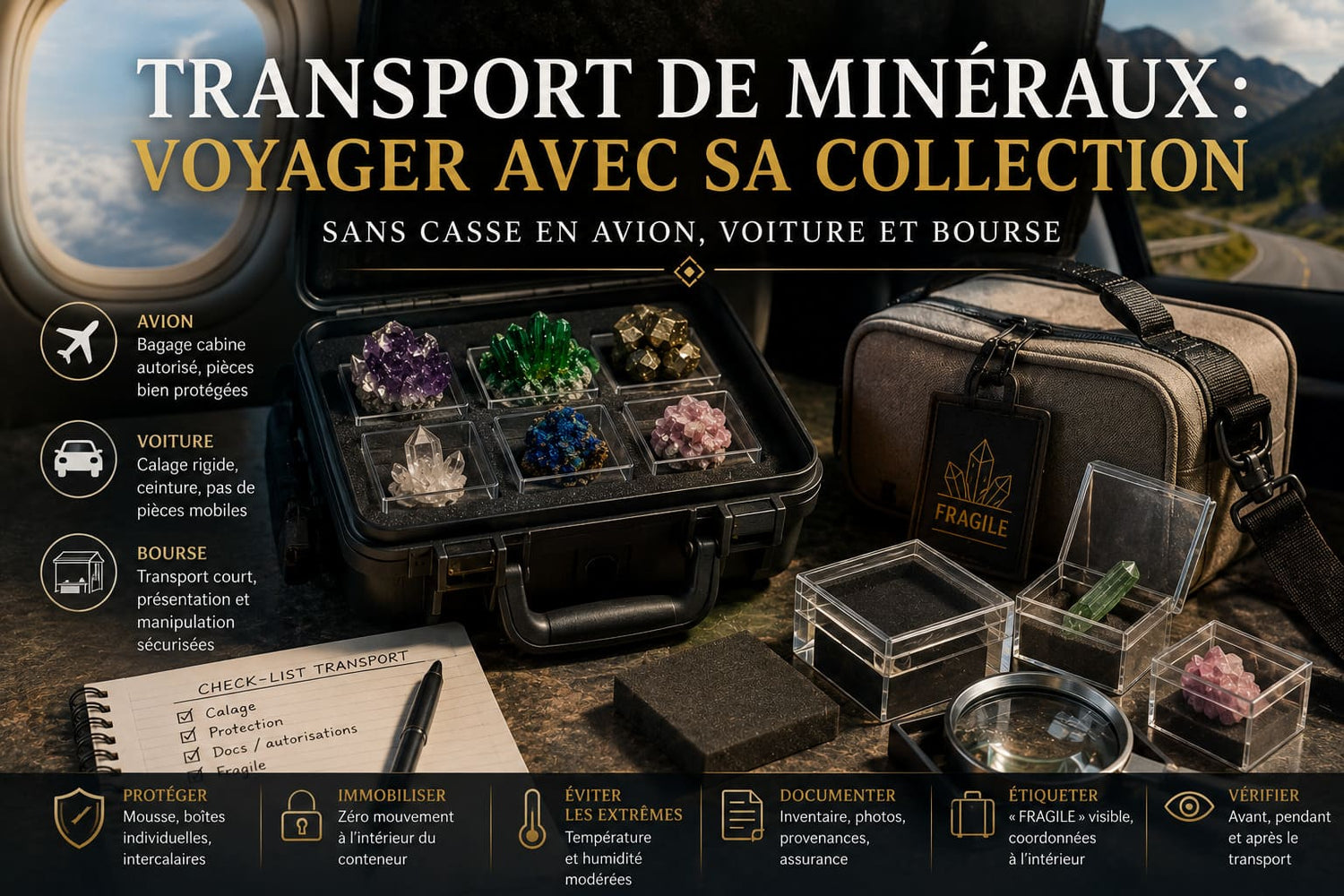 Transport de minéraux : voyager avec sa collection sans casse en avion, voiture et bourse