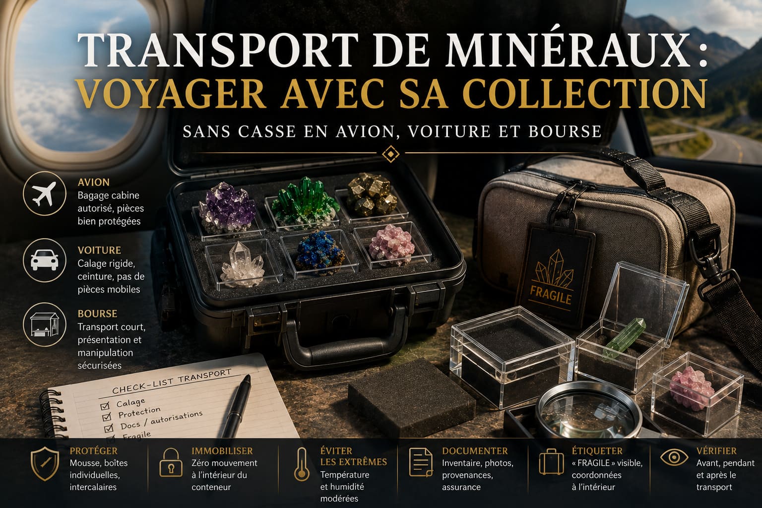Transport de minéraux : voyager avec sa collection sans casse en avion, voiture et bourse