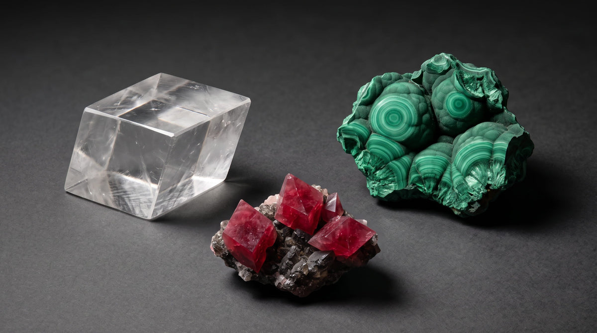 Trois carbonates — calcite optique d'Islande, malachite botryoïdale et rhodochrosite rose