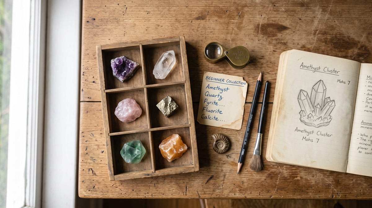 Plan de travail d'une collection de minéraux pour enfant avec améthyste, quartz, pyrite, fluorite, loupe et fossile